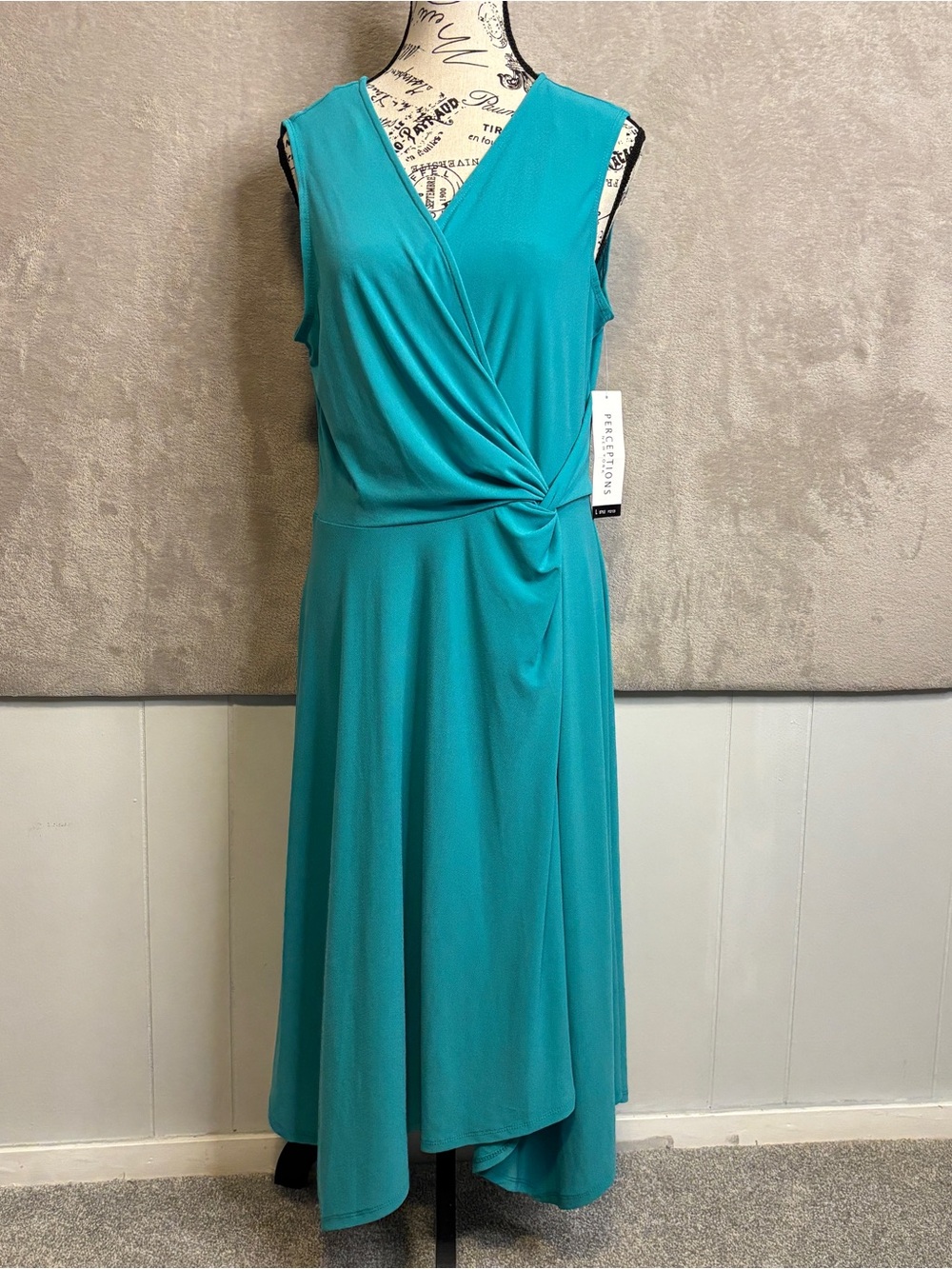 Sleeveless Aqua Wrap Midi Dress Sz L ~ Elegant,Flowy, Tiered, Asymmetrical
